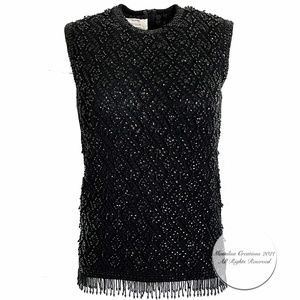 Vintage Bonwit Teller Knit Shell Top Embellished Beaded Fringe Formal Wool